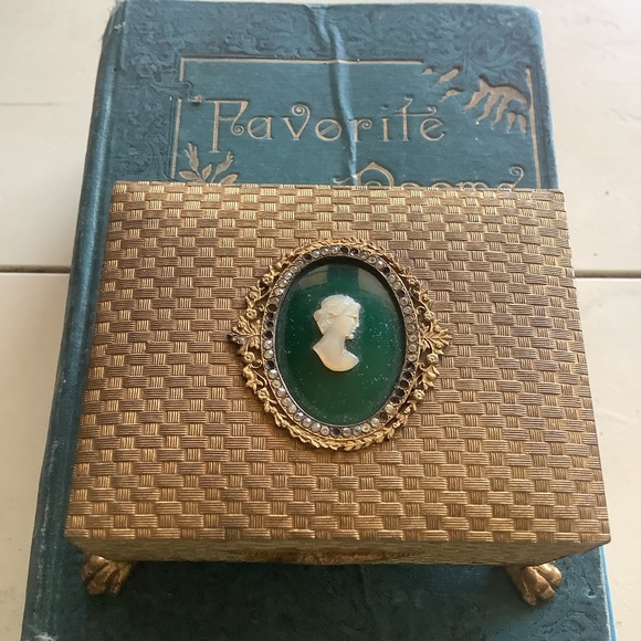 Antique Jewelry - Antique Gold Metal Basketweave Emerald Green Cameo Footed Jewelry Box